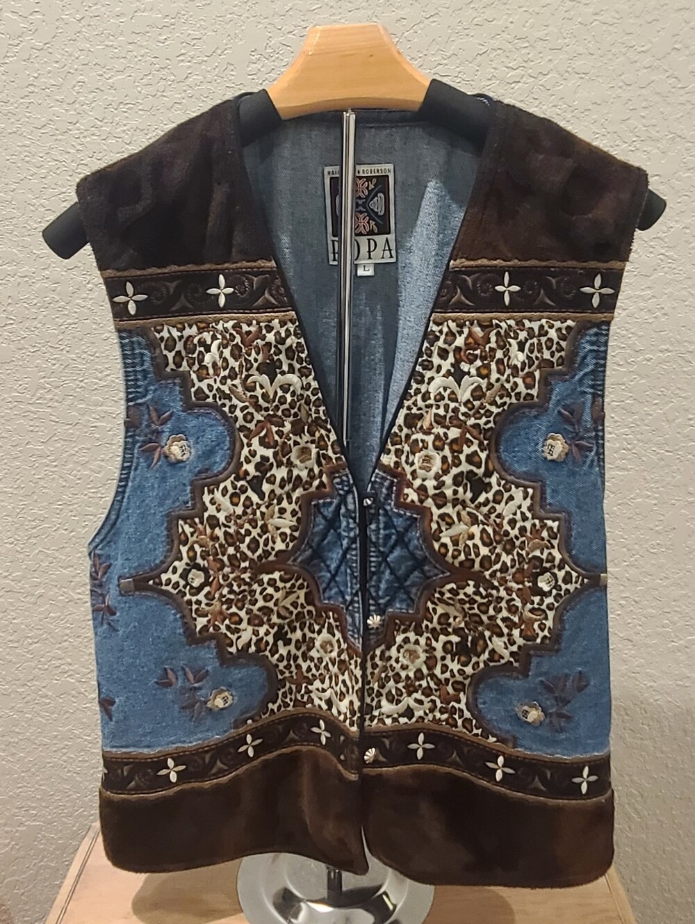 VTG Hairston Roberson Ropa Denim Western Vest Floral Leopard Embroidered Size L